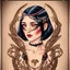 Placeholder: Full Body, Art Nouveau Woman With A Bob With A Fringe Hairstyle, Cleopatra Clothing, Steampunk Metal moth with red wings, Black Background