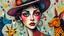 Placeholder: Inspired by a mix Kandinsky and Picasso. Vibrant, abstract, whimsical, close up a woman wear hat. geometric, colorful, expressive, playful, textured, quirky, surreal, artistic, imaginative, bold, eccentric, lively, dynamic, intriguing, symbolic, creative, angular, curious, bright, harmonious, detailed, layered, modern, eye-catching, humorous, spontaneous, vibrant, mysterious, unique, A whimsical celebration of many people play with tame animals, color and detail,