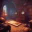 Placeholder: dark fantasy concept art, dynamic lighting, hyperdetailed, intricately detailed, Splash screen art, deep color, Unreal Engine, volumetric lighting, fantasy library artwork, indoors, cozy, leather, wood, clock, library, books,