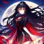 Placeholder: girl, masterpiece, best quality, volumetric lighting, dynamic pose, detailed outfit, perfect eyes, black hair, red eyes, messy hair, long hair, moon,