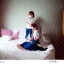 Placeholder: Realistic photo Russian shorthair beautiful 20-years tomboy boyish boylike young wife wide hips in bedroom with little daughter