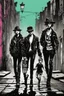 Placeholder: Design a detective book cover for teenagers. A teenage punk girl in the centre, one boy on her left, and one on her right are on the town street. Black cat. Banksy style, pop art style, mysterious atmosphere