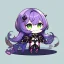 Placeholder: Clear focus,High resolution,High quality, Smiling, Purple long fluffy hair, Green eyes, Wearing a pink mech uniform, Honkai Impact Star Rail, Chibi