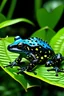 Placeholder: Poison dart frog, black with a skull-like pattern on its back. The frog is sitting on a big leaf in the jungle. A knowing smirk is vaguely portrayed on the frog's face.