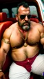 Placeholder: full body shot photography of an Italian sicilian taxi driver burly ugly sitting in the taxi, chubby tired 45 years old driving shirtless, bullneck, thin gold chains, short beard, sweat, short hair, bulge, robust, manly chest, looking down, big shoulders,, photorealistic, side light, ambient occlusion, tired eyes. 35mm lens, internal view inside the Taxi