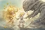 Placeholder: cute blonde chibi princess fighting with an ugly giant monster with a golden laser sabre, golden coin stacks, pond, in sunshine, H.R. Giger, anime, steampunk, surreal, watercolor and black in outlines, golden glitter, ethereal, cinematic postprocessing, bokeh, dof