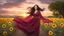 Placeholder: Hyper Realistic Photographic-view of a Beautiful-Young-Happy-Pashto-Woman-Smiling with beautiful-long-black-hair-&-pink-dress-with-maroon-shawl & breeze-whirling in a sunflower-field with a tree behind & cloudy-sunset showing dramatic & cinematic ambiance