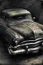 Placeholder: An old car , Hyper Realistic Aerial Grungy Dark-Grey Brush strokes on a dark rustic background with charcoals