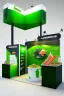 Placeholder: Corner green exhibition stand of a food company with product displays and a meeting area