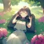 Placeholder: anime girl sleeping in a far away distance. field of flowers. trees are in the distance