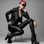 Placeholder: full body portrait -- an absolutely stacked female strawberry with pixie-cut hair, a perfect hourglass figure, perfect face, wearing a studded, black leather biker's jacket and pants with 12-inch platform boots and goggles,