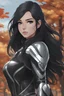 Placeholder: Young woman with long and wild black hair, gray eyes, wearing black and gray clothes, autumn trees in background, wearing futuristic silver gauntlets, futuristic clothes, RWBY animation style