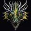 Placeholder: stunning metallic shiny silver-green dragon head with yellow eyes on black background, dragon looking the camera, dark fantasy, vector illustration, 2d , centered, high detalied, professional, line art, vector graphics, dark mood, hyper realistic, deep colors, cinematic