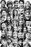 Placeholder: diferent medieval faces of diferent medieval people with diferent expressions, some dramatic, somo happy. the style is minimal black and white stamp. in the sheet there are more than 5. very diverse court memebers and everyday people. man, woman, kids. white background