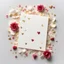 Placeholder: A photo of a white folded card, 5.5 by 4.25 inches. The card is vertically positioned on a beautiful white surface, positioned between rose petals and litte golden hearts.