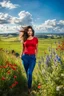 Placeholder: beautiful girl in nice red top and blue pants with curvy hair,perfect face,country side ,wild flowers,blue sky nice clouds,