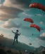 Placeholder: Ultra realistic thriller sky scene, portrait, Childs flying with trinkets, smile, happy, Wes Anderson style, wind, parachute, clouds, color fog, soft color, highly detailed, unreal engine 5, ray tracing, RTX, lumen lighting, ultra detail, volumetric lighting, 3d, finely drawn, high definition, high resolution.