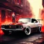 Placeholder: bike, spray paint art, long shiny flat red and white muscle car in motion, man in suit with big machine guns and great style,bullets flying, evening, seen from balcony, dirty city alley, heist action, book cover