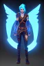 Placeholder: a person in runic armor with blue wings, blue short hair, runic tattoo and spell book