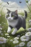 Placeholder: (((Animagine style))), (((Anime 90 style))), Cute grey cat with white underbelly and a black stripe running from the cat's head, back, and ending at the cat's tail tip with fluffy and sleek fur trotting through a field of flowers, hyper-realistic