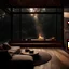 Placeholder: High resolution photography interior design, dreamy sunken living space, wooden floor, window walls opening onto the forest, lots of trees, minimal furniture and decoration, fire place in the middle of the room, high ceiling, warm natural wood palette, rainy weather, interior design magazine, cozy atmosphere; 8k, intricate detail, photorealistic, realistic light, wide angle, kinkfolk photography, A+D architecture --ar 2:3 --s 750