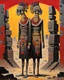 Placeholder: long-legged surreal lean black-grey ancient Azteka priests with ribbon-shaped heads in overcoat, profile, semi-silhouettes among ramshackle ruins in a barren landscape of red, yellow, black and beige colors, intricate acrylic painting