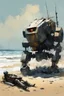 Placeholder: [Alex Maleev] Abandoned war robot wreckage on the beach, kids are approaching it from the beach in a small barque