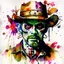 Placeholder: Cowboy Zombie portrait, impressionism, watercolor blotch art, rough watercolor blotches, out of focus, expressionism, pentimento, dark background, ink splatter, depiction of light in in its changing qualities, by Claude Monet