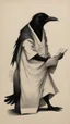 Placeholder: crow badger servant holding a folded napkin, with distinct shadow on paper, signed by a master caligrapher