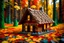 Placeholder: a lego tiny, cozy a-frame cabin in the woods surrounded by colorful autumn leaves