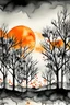 Placeholder: Watercolor black and white far away trees with orange oranges