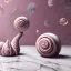 Placeholder: Light pink swirling marble texture,big snail, centered table & chair,transparent soft shadows, HD 4K Unreal Engine 5 bokeh