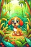 Placeholder: kids illustration, cute puppy in a jungle,cartoon style,thick lines,low detail,vivid color --ar 9:11