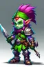 Placeholder: male DnD rock gnome with bright purple hair, green eyes, pale skin. He wears studded armor and carriers a rapier sword. All of his armor is Christmas themed.