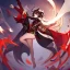Placeholder: Clear focus,High resolution, black long hair, Vibrant red eyes, Genshin impact inspired outfit, wearing a short skirt, kicking pose, full body, jumping