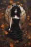 Placeholder: abstract creation of a beautiful girl with black curly hair, surrounded by black roses, thick metal chain broken, glass petals on the ground, autumn colours,dried out thorn bush, chaos,