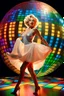 Placeholder: Marilyn Monroe in Saturday Night Fever pose on a dance floor with coulored light and a big disco globe. The image should be a concept art, 16K HDR, ultra realistic with unique natural textures, slight imperfections, rendered with vray, ultra-high quality, intricate details, ray tracing, realistic genre scene, high resolution, cinematic