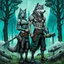 Placeholder: an anthropomorphic wolf-man hybrid in dark gray body hair and anthropomorphic wolf-female hybrid with pale gray body hair carrying a blacksmith's anvil in a blue-green meadow, in the background trees with huge trunks rainy day, high contrast, high detail, atmospheric, dark fantasy, sci-fi atmosphere