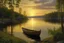 Placeholder: Peder Mork Monsted style, Sunset above the forest lake seen from the shore, pier with rowing boat