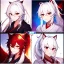 Placeholder: Clear focus, 8k, beautiful lighting, vibrant colors, fox girl, white hair, long hair, vibrant red eyes, ponytail, messy hair, hair in between the eyes, miko