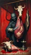 Placeholder: Bosch style painting , A shadow of a spirit inside a bloody butcher store , the butcher is cutting a big cow meat hanging with hooks with details on red bloody background of a meat store , blood is everywhere on the wall and his clothes, a head of the cow is on the table, a big peace of meat is on a metallic scale