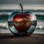 Placeholder: lovely double exposure image by blending together a stormy sea and a glass apple. The sea should serve as the underlying backdrop, with its details subtly incorporated into the glossy glass apple, sharp focus, double exposure, glossy glass apple, (translucent glass figure of an apple) (sea inside) lifeless, dead, glass apple, earthy colors, decadence, intricate design, hyper realistic, high definition, extremely detailed, dark softbox image, raytracing, cinematic, HDR, photorealistic (double exp