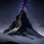 Placeholder: looking up at the tallest single mountain sharp face rising out of the misty foreground into the clear night sky background.