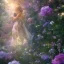 Placeholder: one big crystal subtle flower in a galactic ambiance with a beautiful fairy, transparent petals,