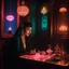 Placeholder: [Retro Vibes, Sacred Haze] In the dimly lit room, a woman sat at the small table, her presence exuding an air of mystery and sophistication. The room was adorned with vintage decor, transporting her to a time when retro vibes and sacred haze hung in the air like a veil of intrigue. The flickering neon lights outside cast a mesmerizing glow, adding to the allure of the scene.In the style of Hugo Pratt, the woman's features were rendered with a sense of elegance and strength. Her eyes held a depth