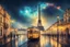 Placeholder: Lisbon city view in fantasy style with famous yellow tram, one eiffel tower in background, cosmic galaxy sky, dreamy, moody, afte rain