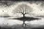 Placeholder: Illustration of a lonely dark tree with barren branches stands on a water's edge, reflected in the water, fog, crows in the sky, timelessness and dying, mystical landscape, pencil drawing