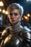 Placeholder: portrait of a beautiful female paladin, short messy ashen hair, pale eyes, dressed in a revealing ornamented light plate armor, standing in a tavern, realistic dim lighting, pale skin, petite, cinematic lighting, highly detailed face, very high resolution, holy, looking at the camera, smooth skin