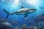 Placeholder: Cinematic scene and lights .REalistic,A breathtaking scene of a beautiful white shark, swim underwater,coral, sea life, fishs, underwater lights, balanced, with big sea deep landscape, scary