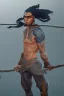 Placeholder: A young male water genasi with deep blue skin color, waterlike dreads on head. Shaolin monk with long stick weapon,